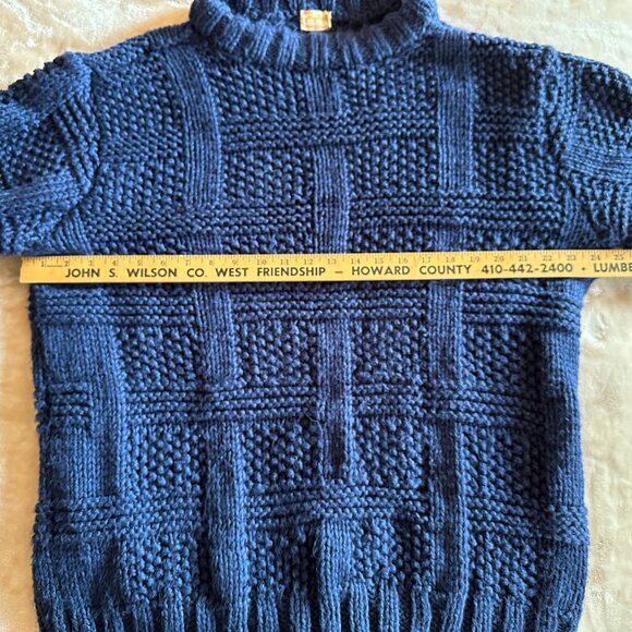 Handmade Sweaters - Handmade Handknit Basketweave Stitch Blue Chunky Mock Neck Textured Sweater W 2X